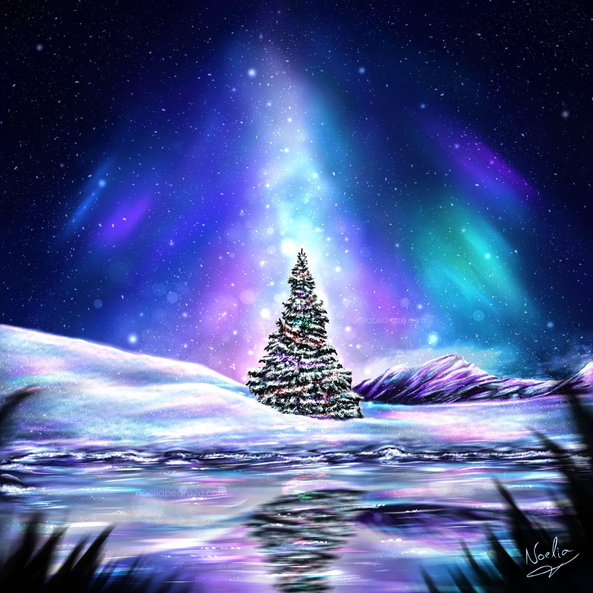 dibujo paisaje navideño mágico y árbol de navidad
